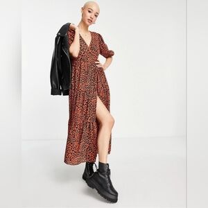 NEW!! ASOS DESIGN. Wrap front tiered smock dress in red animal print.
